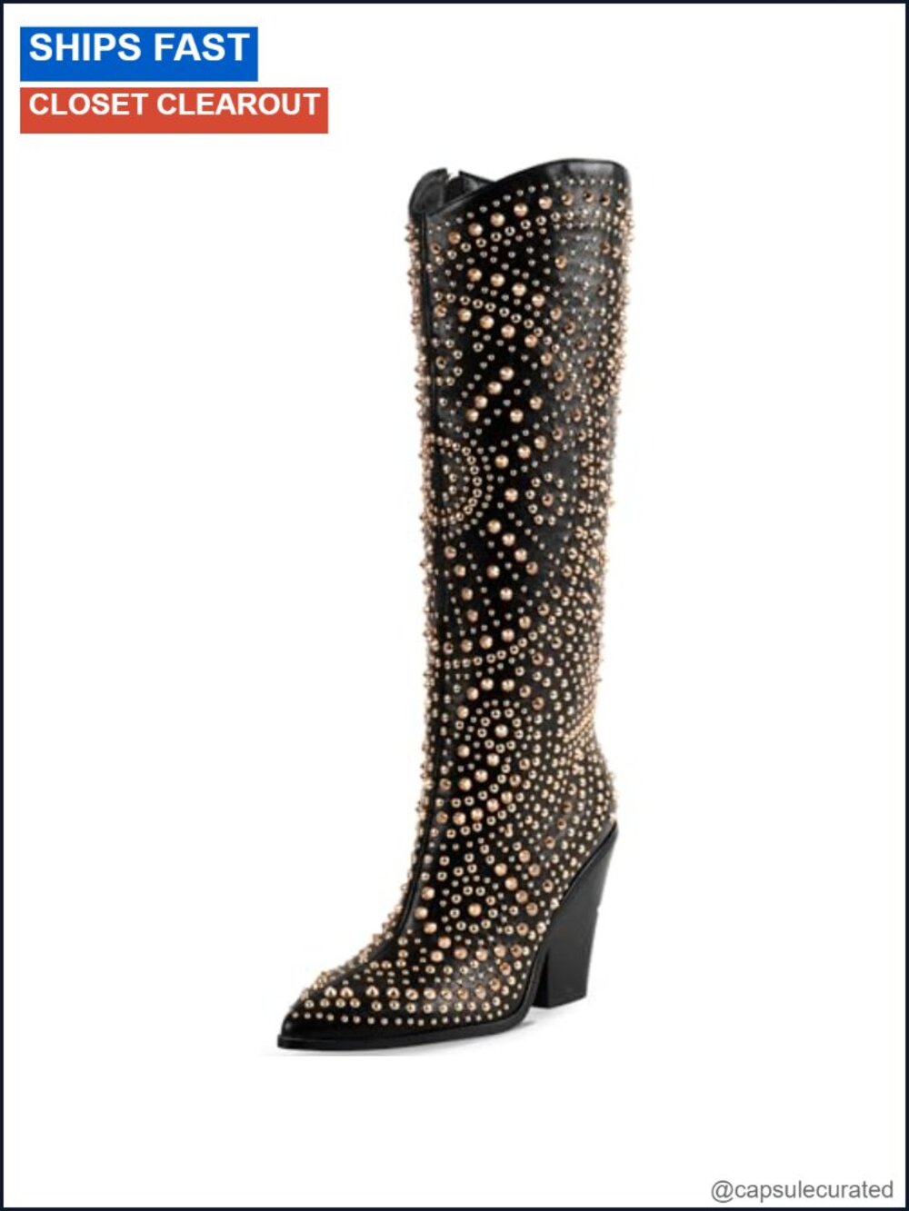 Studded Knee-High Boots Pointed Toe Chunky Heel Faux Leather